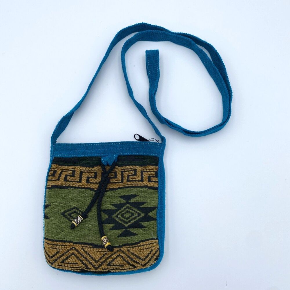 Woven Boho Crossbody Bag Blue Geometric Textile Festival Micro Purse